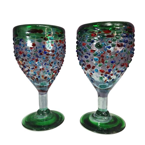 Hand-blown thick confetti glass wayer goblets set of 2 green blue speckled - Picture 1 of 5